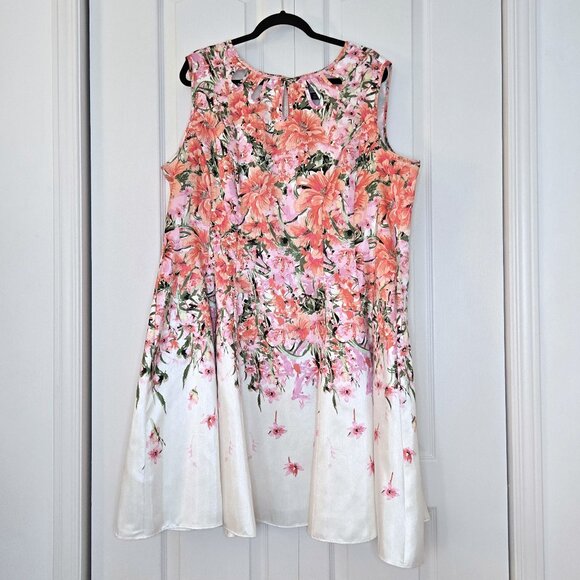 Laura Plus Pink & White Floral Print Fit & Flare Dress w/ Cut-out Neckline | 20W - Picture 1 of 8